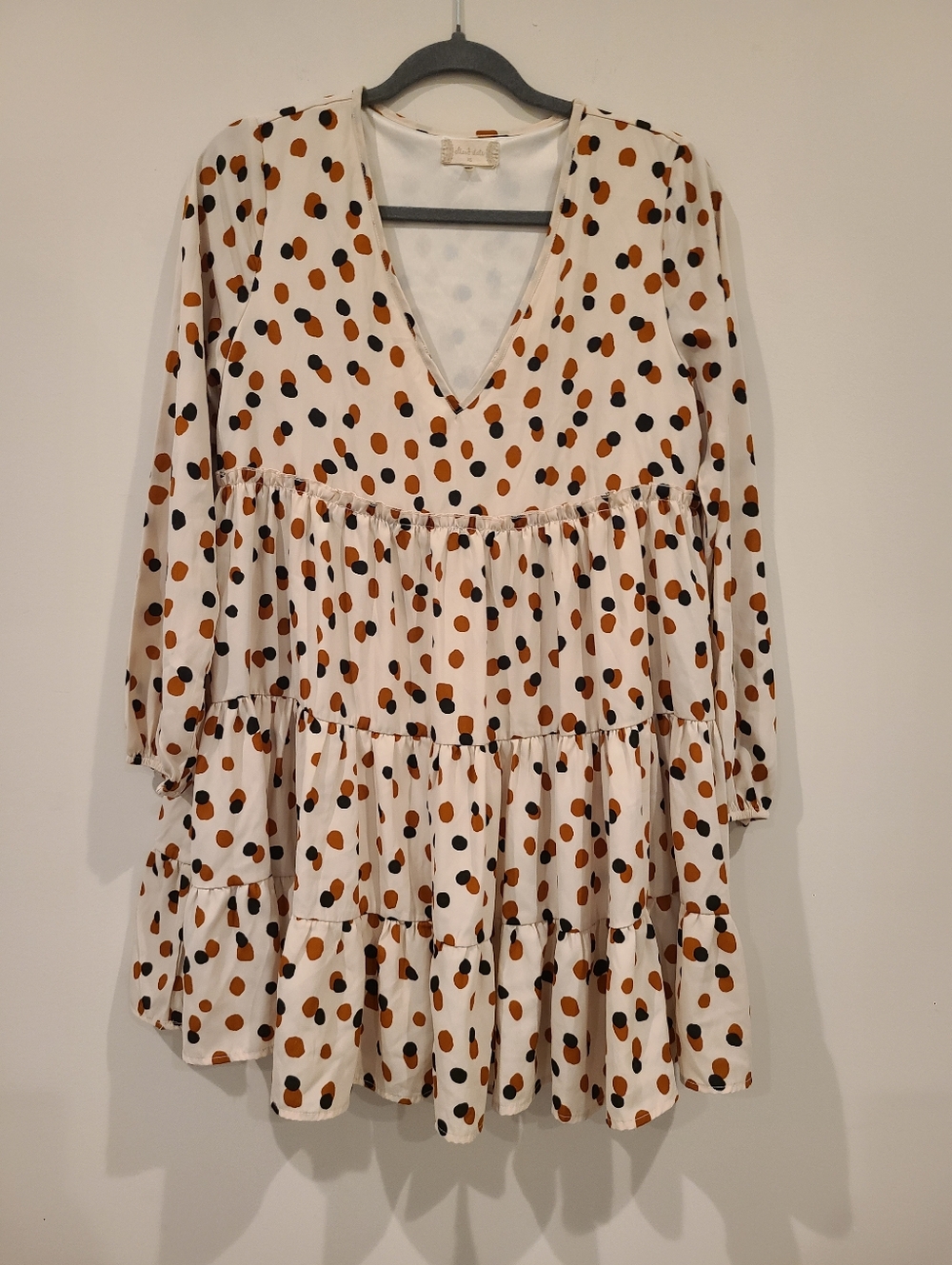 Altar'd State Brown And Black Polka Dot Oversized Tiered Ruffle Hem Mini Dress - Picture 2 of 9